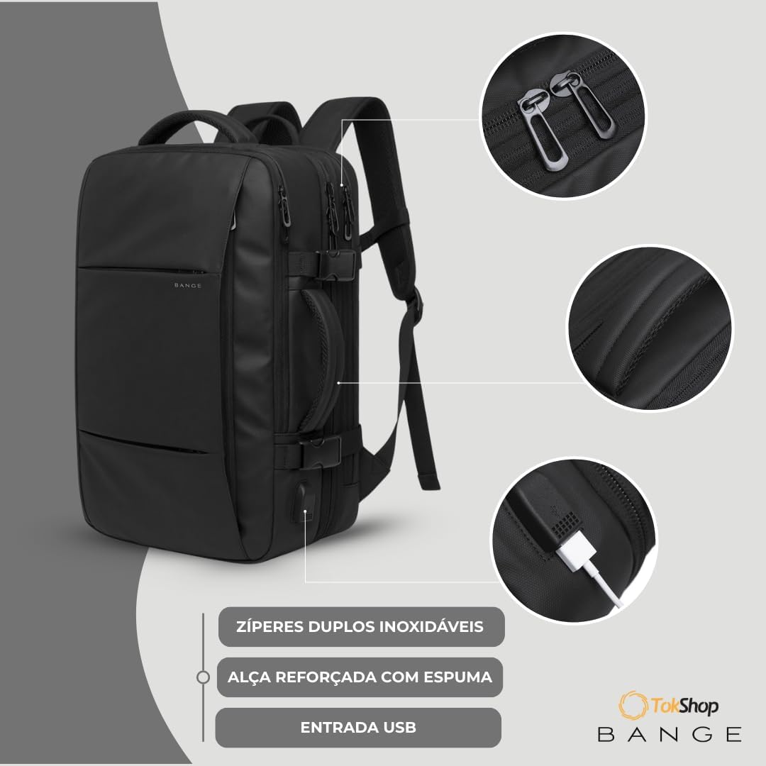 BANGE Mochila Executiva Expansível para Notebook de Até 17.3 Polegadas Bagagem de Mão para Viagens Impermeável Entrada USB para Carregador Portátil Design Discreto - Preta