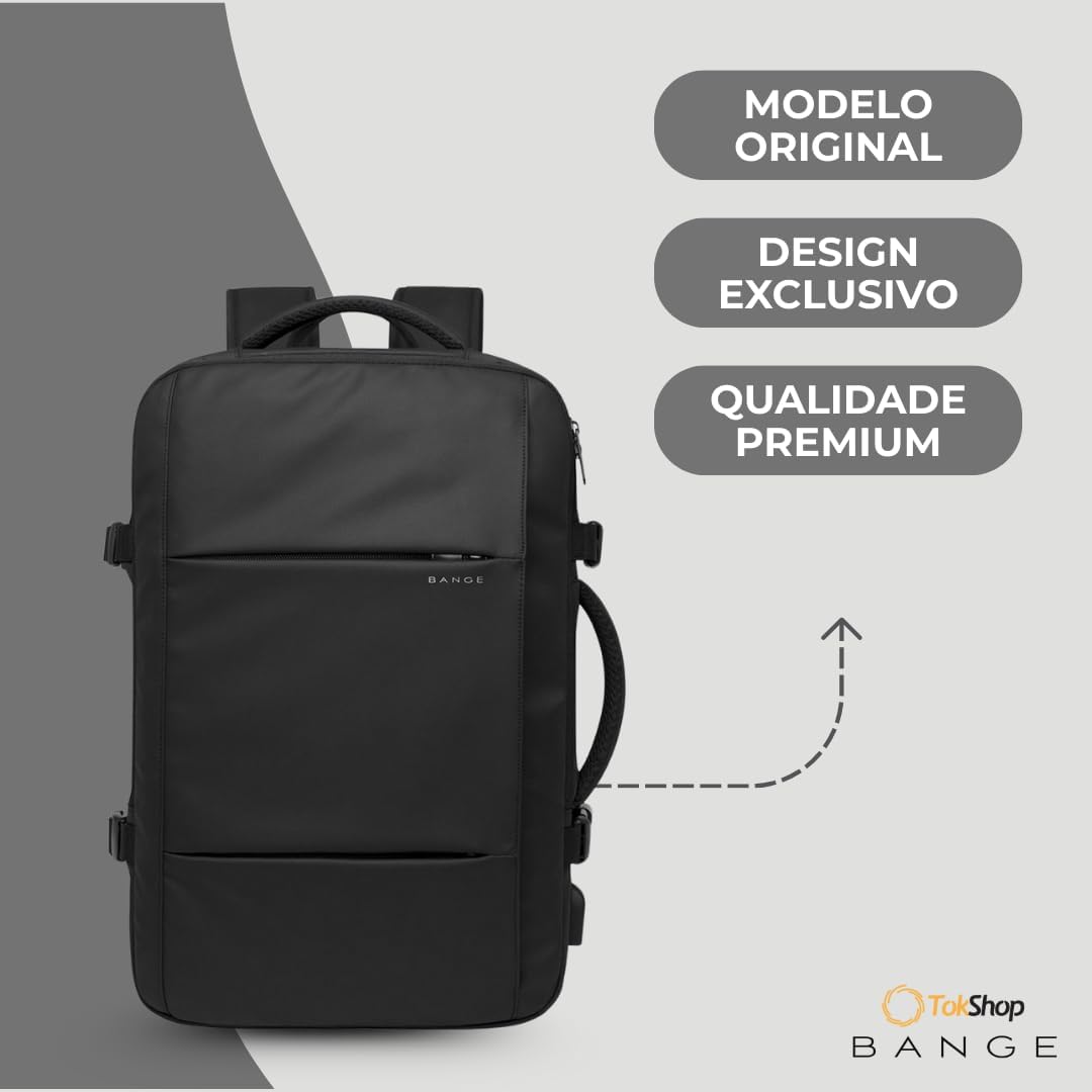 BANGE Mochila Executiva Expansível para Notebook de Até 17.3 Polegadas Bagagem de Mão para Viagens Impermeável Entrada USB para Carregador Portátil Design Discreto - Preta