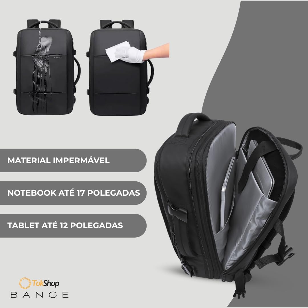 BANGE Mochila Executiva Expansível para Notebook de Até 17.3 Polegadas Bagagem de Mão para Viagens Impermeável Entrada USB para Carregador Portátil Design Discreto - Preta