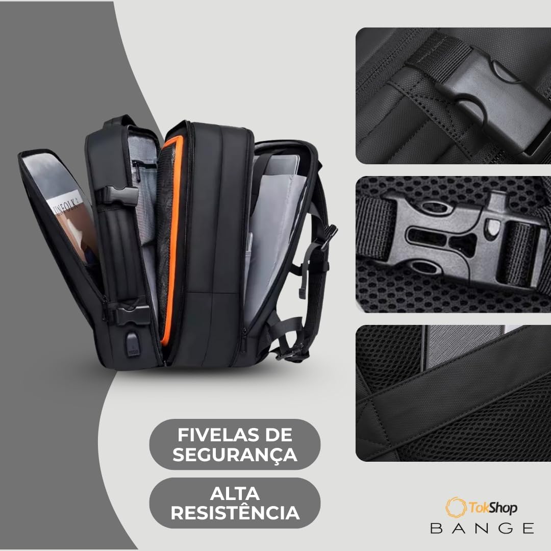 BANGE Mochila Executiva Expansível para Notebook de Até 17.3 Polegadas Bagagem de Mão para Viagens Impermeável Entrada USB para Carregador Portátil Design Discreto - Preta