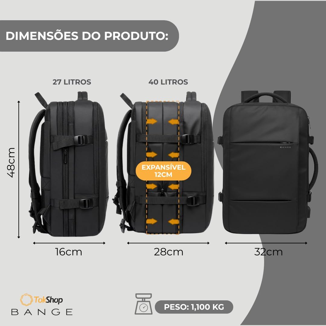 BANGE Mochila Executiva Expansível para Notebook de Até 17.3 Polegadas Bagagem de Mão para Viagens Impermeável Entrada USB para Carregador Portátil Design Discreto - Preta