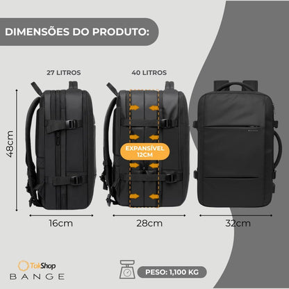 BANGE Mochila Executiva Expansível para Notebook de Até 17.3 Polegadas Bagagem de Mão para Viagens Impermeável Entrada USB para Carregador Portátil Design Discreto - Preta