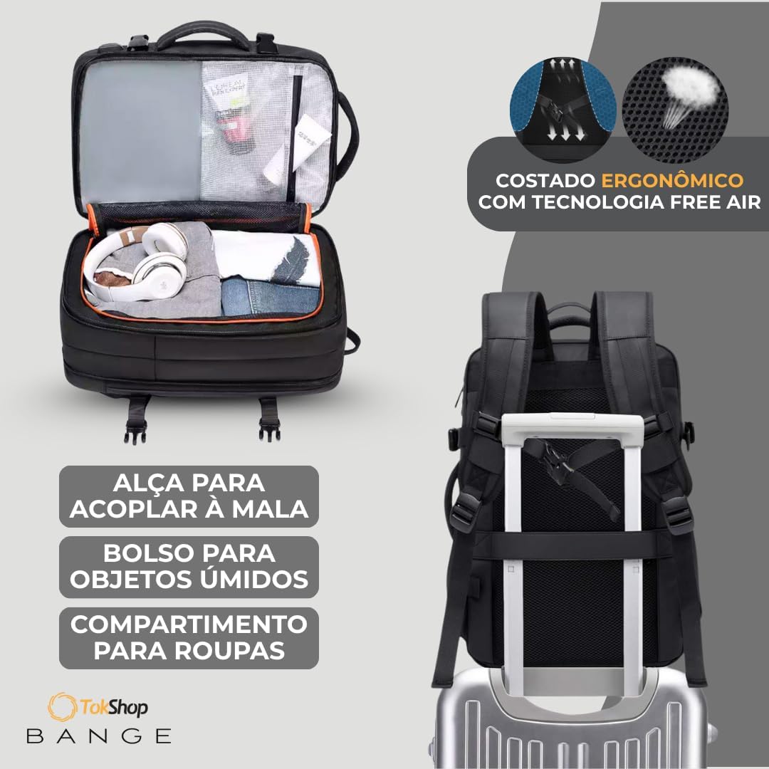 BANGE Mochila Executiva Expansível para Notebook de Até 17.3 Polegadas Bagagem de Mão para Viagens Impermeável Entrada USB para Carregador Portátil Design Discreto - Preta