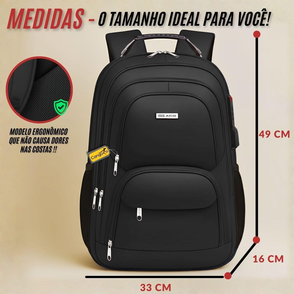 Mochila Masculina Feminina Saída USB e Fone Semi Impermeável Cabo de Aço Notebook Escola Faculdade Viagem