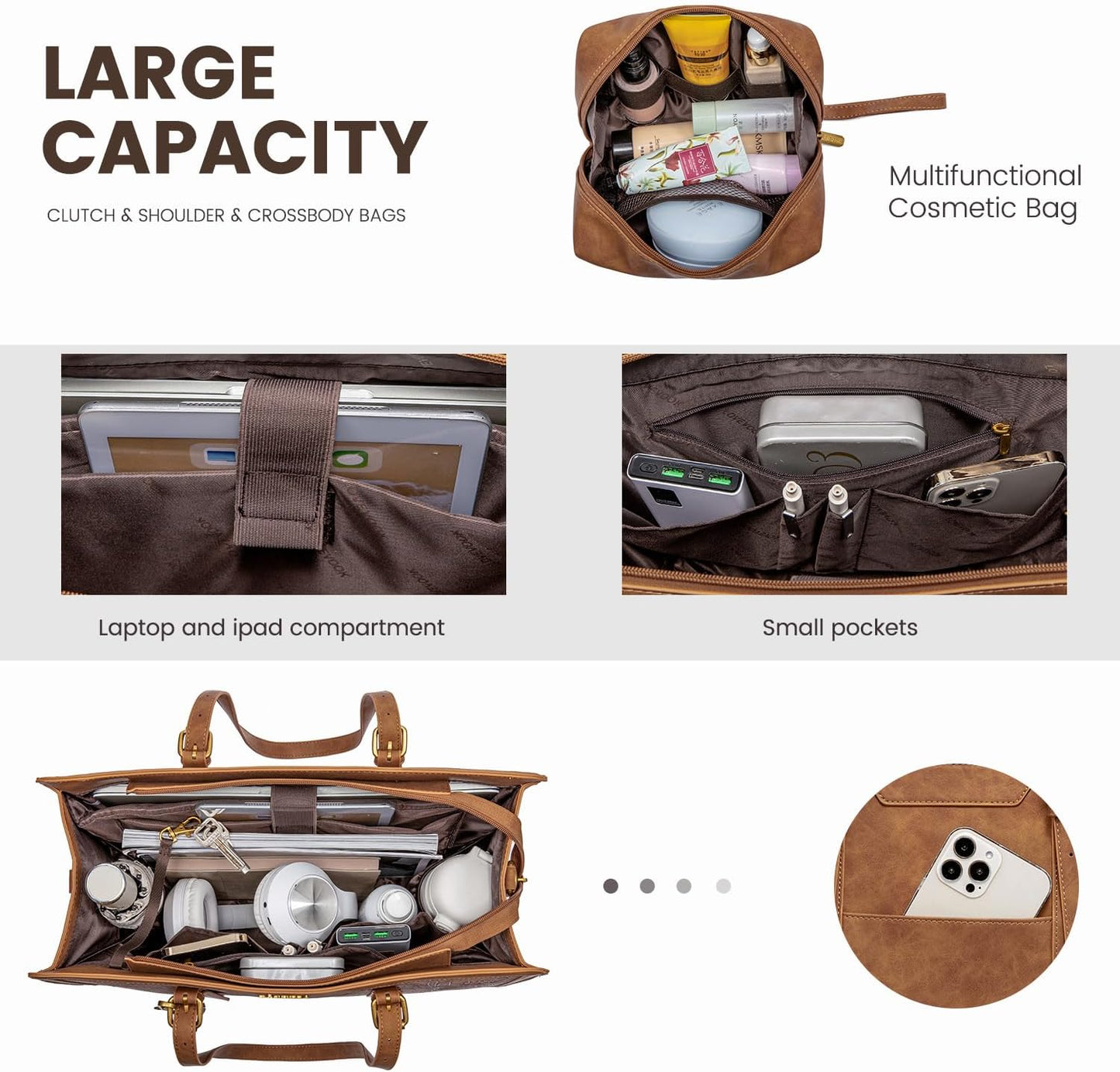 LOVEVOOK Bolsa feminina de couro vintage para laptop de 39.6 cm bolsa de computador de grande capacidade com bolsa clutch para trabalho