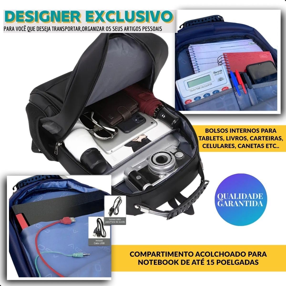 Mochila Masculina Feminina Saída USB e Fone Semi Impermeável Cabo de Aço Notebook Escola Faculdade Viagem