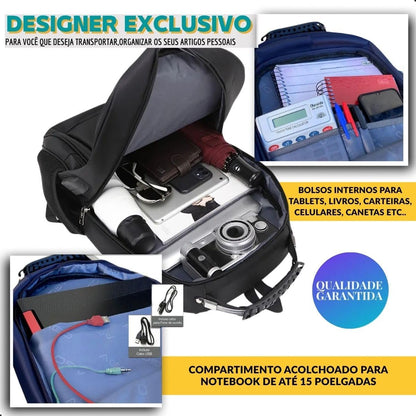 Mochila Masculina Feminina Saída USB e Fone Semi Impermeável Cabo de Aço Notebook Escola Faculdade Viagem