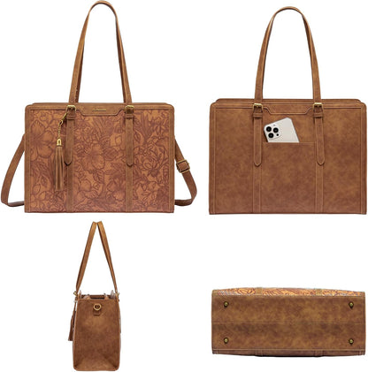 LOVEVOOK Bolsa feminina de couro vintage para laptop de 39.6 cm bolsa de computador de grande capacidade com bolsa clutch para trabalho