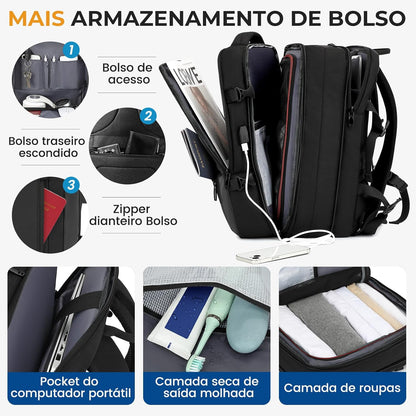 Mochila de Viagem Expansivel Grande Masculina Feminina,Mochila Avião para Notebook 17,Executiva,Antifurto,Reforçada,USB,Impermeável,Escolar,Faculdade,Trabalho,Presente